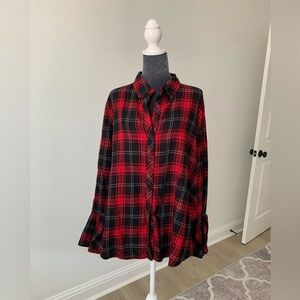 Red and Black Flannel Button Down Blouse with Romantic Sleeves​​​​​
